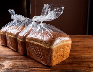 wheat loaves of bread packed in plastic bags and lying on a wooden table