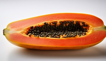 sliced ripe papaya showcasing vibrant orange flesh and black seeds white background