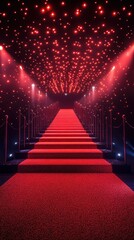 Elegant staircase adorned with red carpet and sparkling lights for a glamorous evening event in an upscale venue