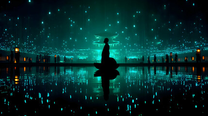 of a local temple surrounded by floating digital particles