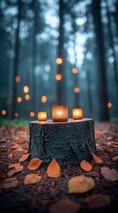 Flickering candles on a tree stump in a mystical forest