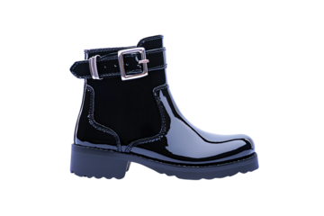 A shiny black ankle boot with a chunky sole and a prominent buckle strap.