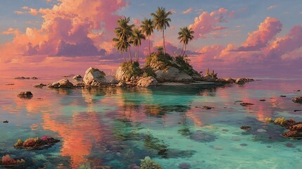 Tranquil island paradise at sunset's reflection.