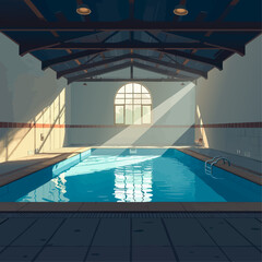 Obraz premium an indoor swimming pool with a sun shining through the windows
