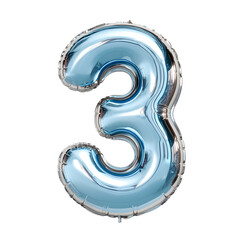 helium air ballon 3d ice blue font number three on transparent background	