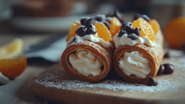 Delicious pastry rolls topped with whipped cream, orange slices, and chocolate chips.  