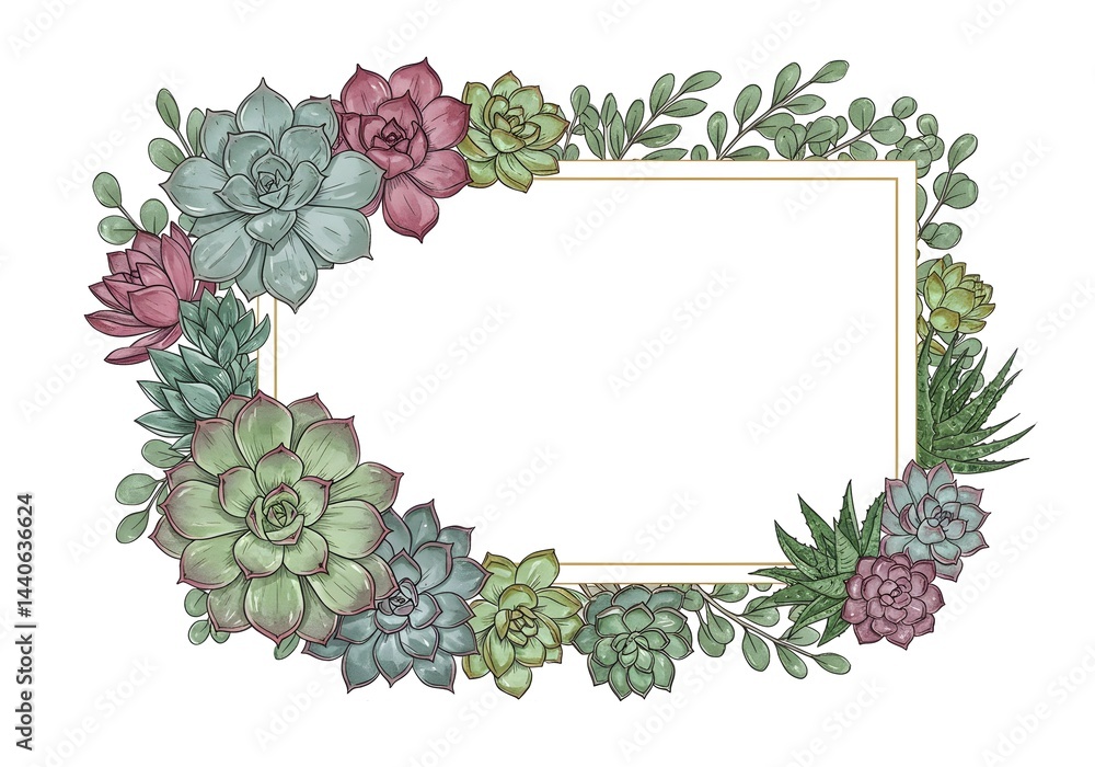 Poster succulent border with empty space in the center. perfect for invitations or announcements.