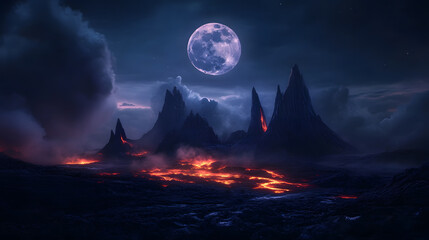 Dark spires rising from an endless lava sea, glowing under an ominous full moon.