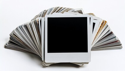 untidy stack of polaroid style instant camera prints photo frame isolated white background