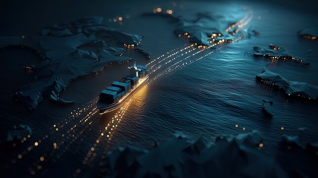 Luminous Container Ship Traversing Low-Poly Ocean Strip and Worl