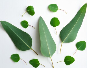Fototapeta premium green leaves eucalyptus on white background flat lay top view