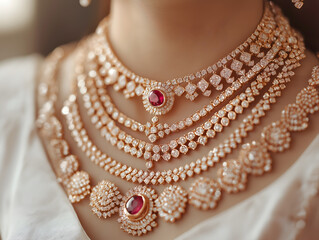 A woman adorned with opulent diamond necklaces