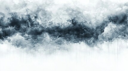 Set of grey storm clouds with streaks of heavy rainfall on white background.
