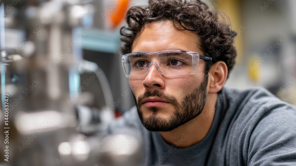 Aufkleber an attentive hispanic engineer wearing glasses studies intricate machinery components in a cutting-e