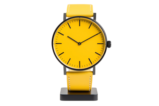 Minimalist yellow wristwatch with a matching strap and simple black hour markers on a stand.