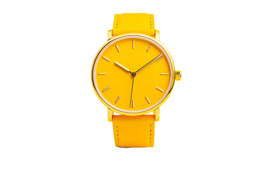 Bright yellow wristwatch with a minimalist design and simple hour markers.