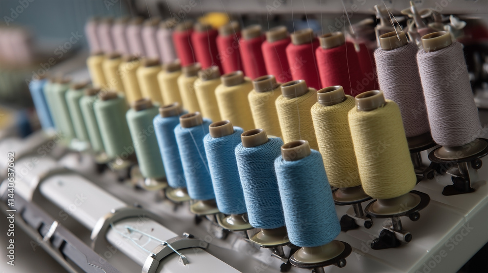Poster a machine with many different colored threads