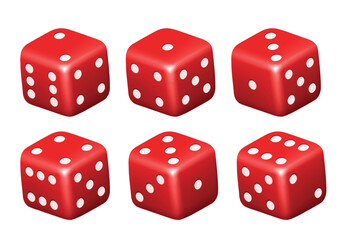 Red dice with white dots. Vector set isolated on white background. 3d dice.