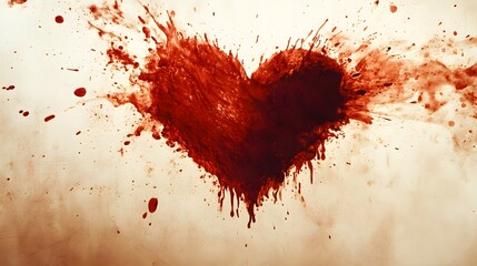 A heart-shaped blood splatter on a textured background.  The dark red blood is splattered in a dynamic pattern, creating a dramatic visual.