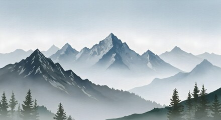 Serene misty mountain range in shades of blue and gray. A tranquil landscape painting.