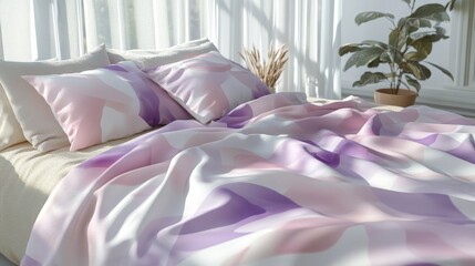 Abstract geometric print on bed linen in soft pastel hues of pink, lavender, and mint, against a bright and airy backdrop 
