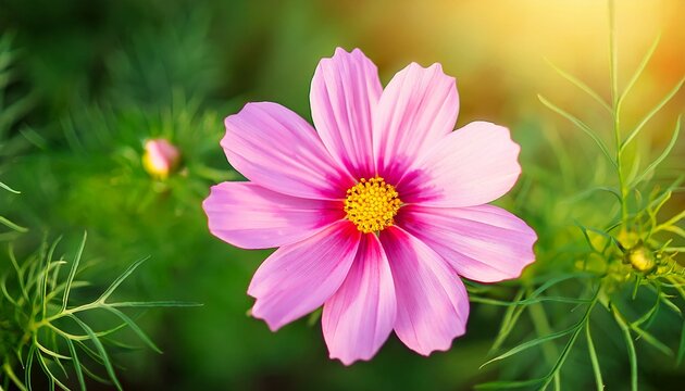 top view of pink cosmos flower under sunlight with green leaf nature background and copy space using as natural plants landscape ecology wallpaper cover page concept
