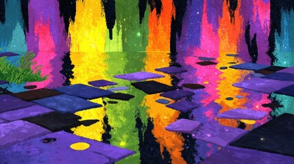 Vibrant Watercolor Painting of a Colorful Waterfall Reflecting Bright Colors on a Quiet River Pathway