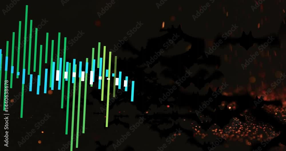 Poster multicolored audio waveform bars pulsing on dark interface, showing bat silhouettes with sparkles