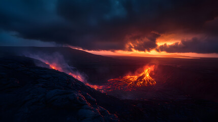 Fototapeta premium Fiery lava eruption under a dark sky with a glowing horizon in the distance.