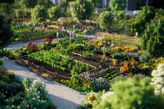 Community garden in a city park with people tending plants and sharing sustainable gardening practices - Powered by Adobe