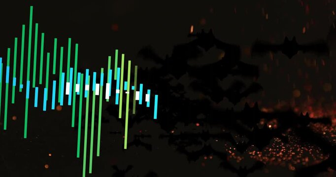 multicolored audio waveform bars pulsing on dark interface, showing bat silhouettes with sparkles