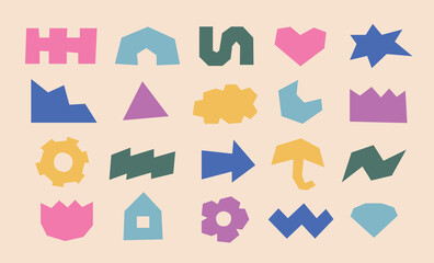 Various colorful abstract flat y2k geometric shapes. Groovy funky angular retro 90s style vector elements set
