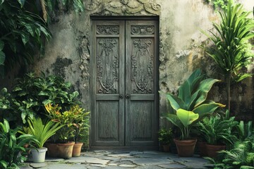 Ornate wooden door framed by lush tropical foliage.