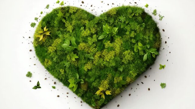 Beating heart made of green plants on a white background. Environment protection.