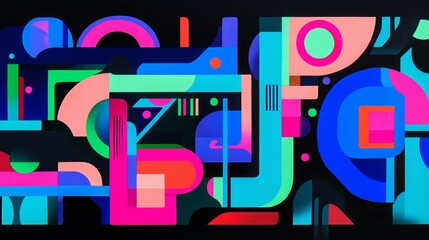 Abstract geometric shapes in bold neon colors of electric blue, hot pink, and vivid green, overlapping and interacting on a black background. 