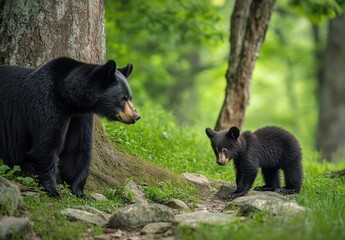 Obraz premium Black Bear and Bear Cub Exploring Natural Habitat in Lush Green Forest Surrounded by Trees and Rocks during Bright Sunny Day