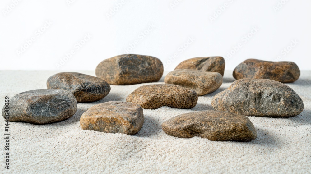 Poster set of irregularly shaped rocks of varying sizes placed closely together on a fine sand surface on a