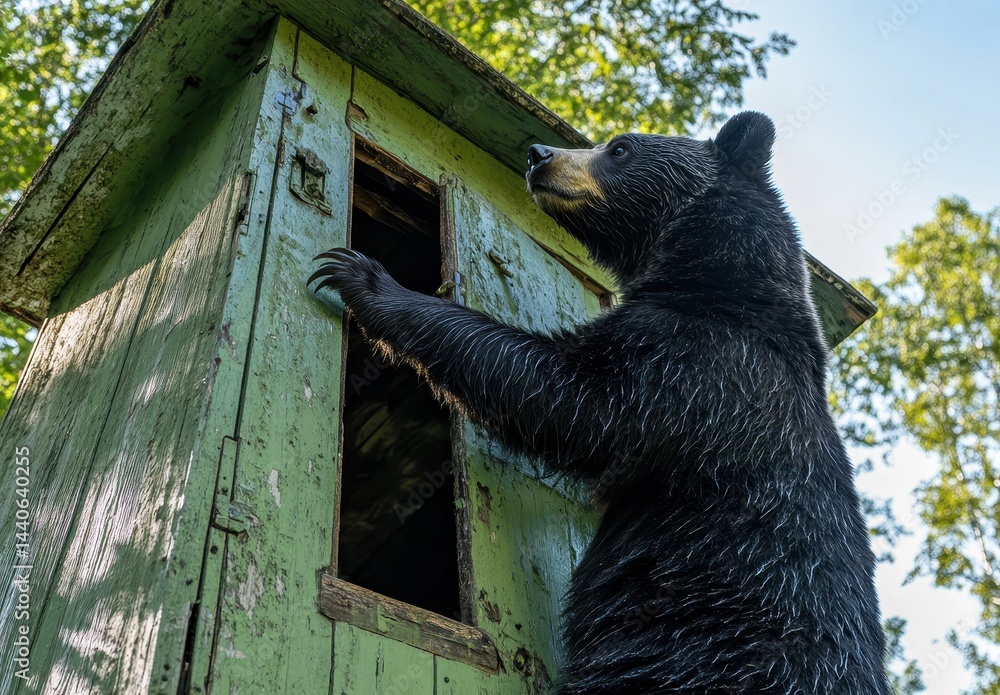 Poster black bear climbing wooden structure in natural forest setting, capturing wildlife behavior and inte