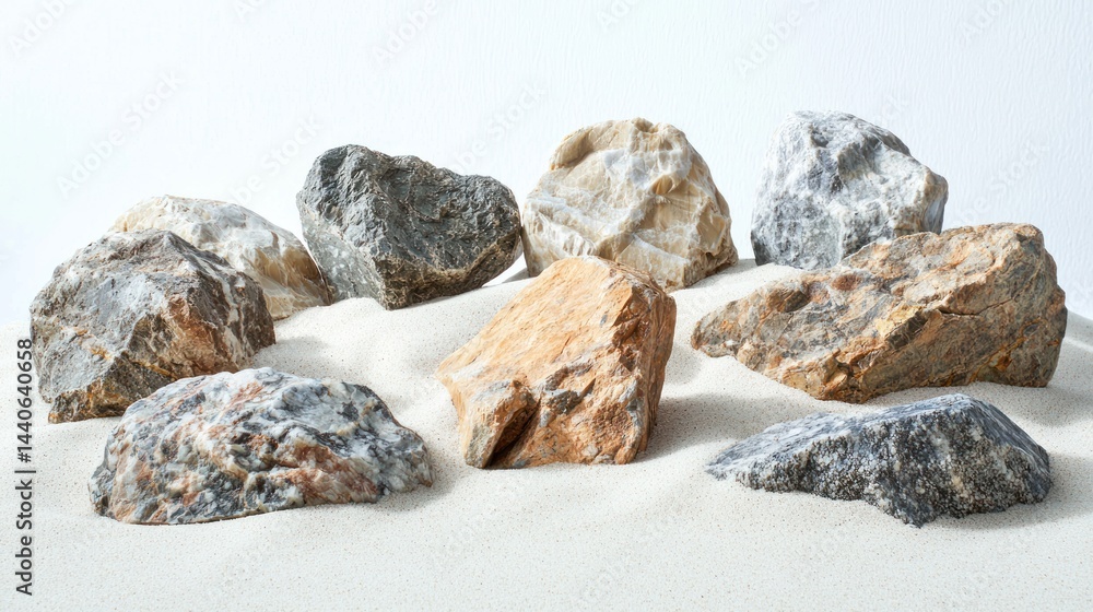 Poster set of jagged, weathered rocks placed on a soft sand surface with minimal texture on a white backgro