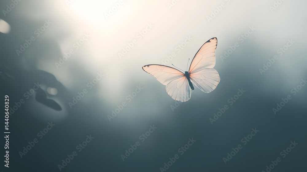 Poster a delicate white butterfly takes flight against a soft, blurred background of muted greens and blues