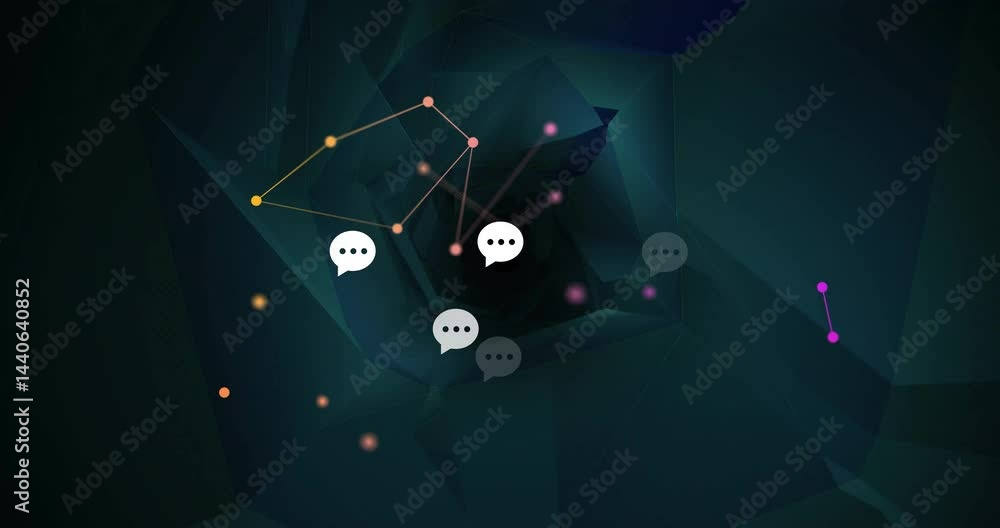 Poster cluster of chat bubble icons rotating inside teal vortex, glowing nodes connecting networks