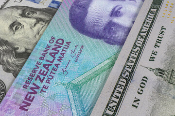 New Zealand Dollar and US Dollar Banknotes. Cash. Financial Concept