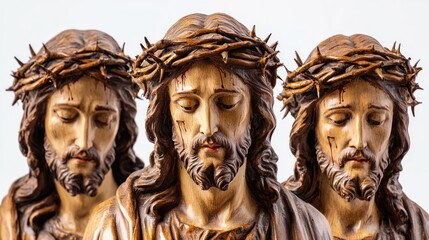 Obraz premium Set of Jesus Christ statues with detailed crown of thorns on white background.