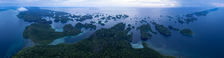A set of beautiful rock islands rise from the ocean in Misool, Raja Ampat, Indonesia. This area is known as the heart of marine biodiversity and is a popular destination for diving and snorkeling.