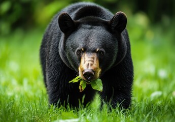 Fototapeta premium Black bear foraging in lush green grass with fresh leaves in mouth, showcasing wildlife beauty and natural habitat in vivid detail