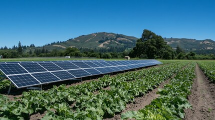 A solar-powered irrigation system watering growing vegetables

