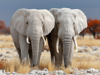 Albino Elephants in the African Savanna.