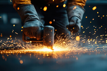 Person cutting metal with grinder, sparks flying, safety goggles on, industrial setting.