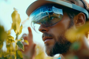 A farmer is using augmented reality glasses to analyze crop data and enhance farming practices with advanced technology