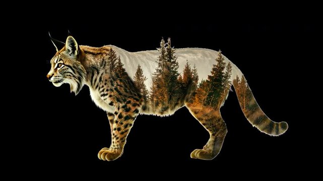 Lynx and forest double exposure element animation isolated asset, transparent 4K video, alpha channel, ProRes 4444